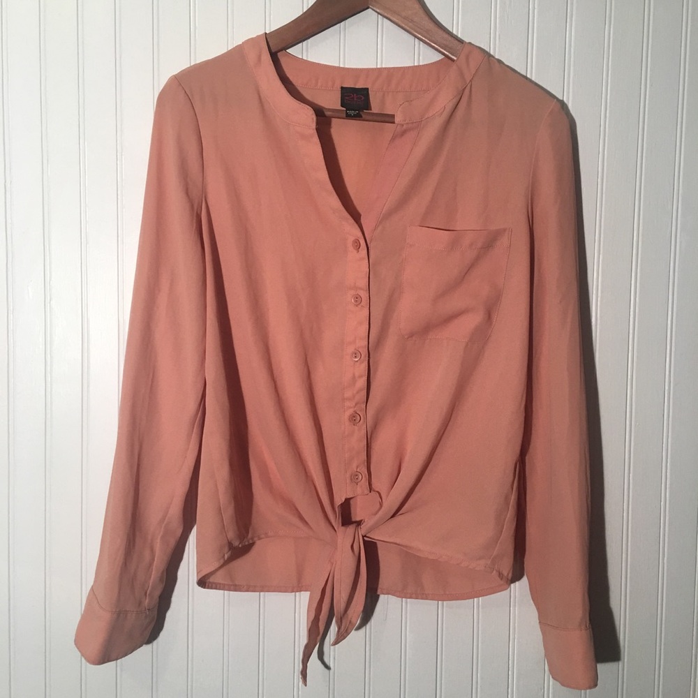 Y2K 2B Bebe Sheer Peach Coral Button Tie Blouse small Top Shirt pink